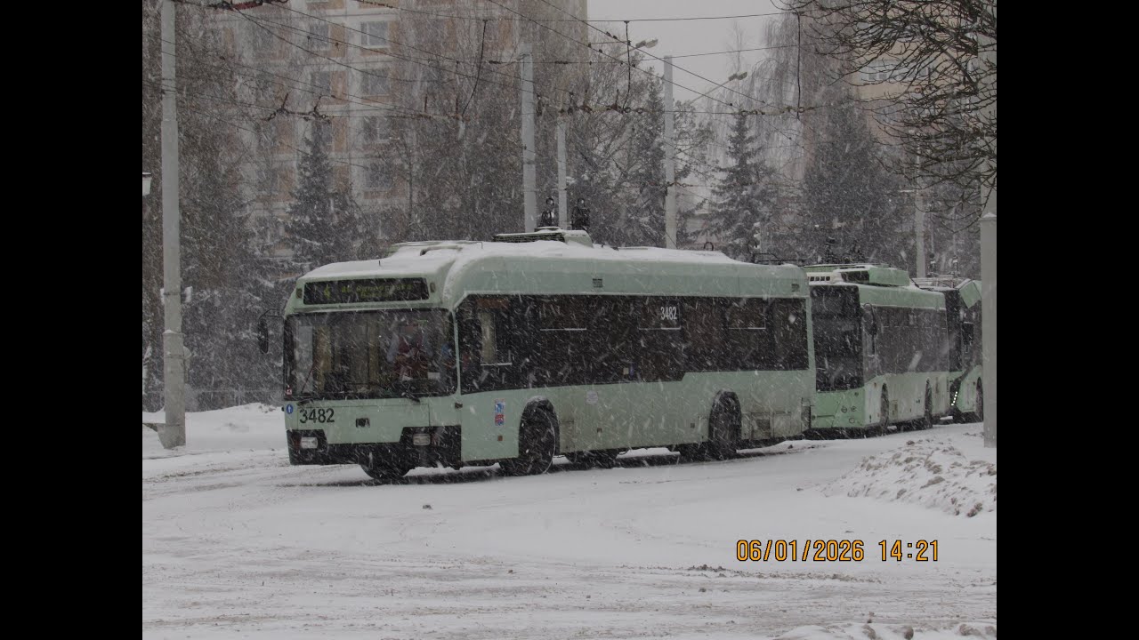 Минск, поездка в троллейбусе БКМ-321, парк.№ 3482, марш.4 (06.01.2026)