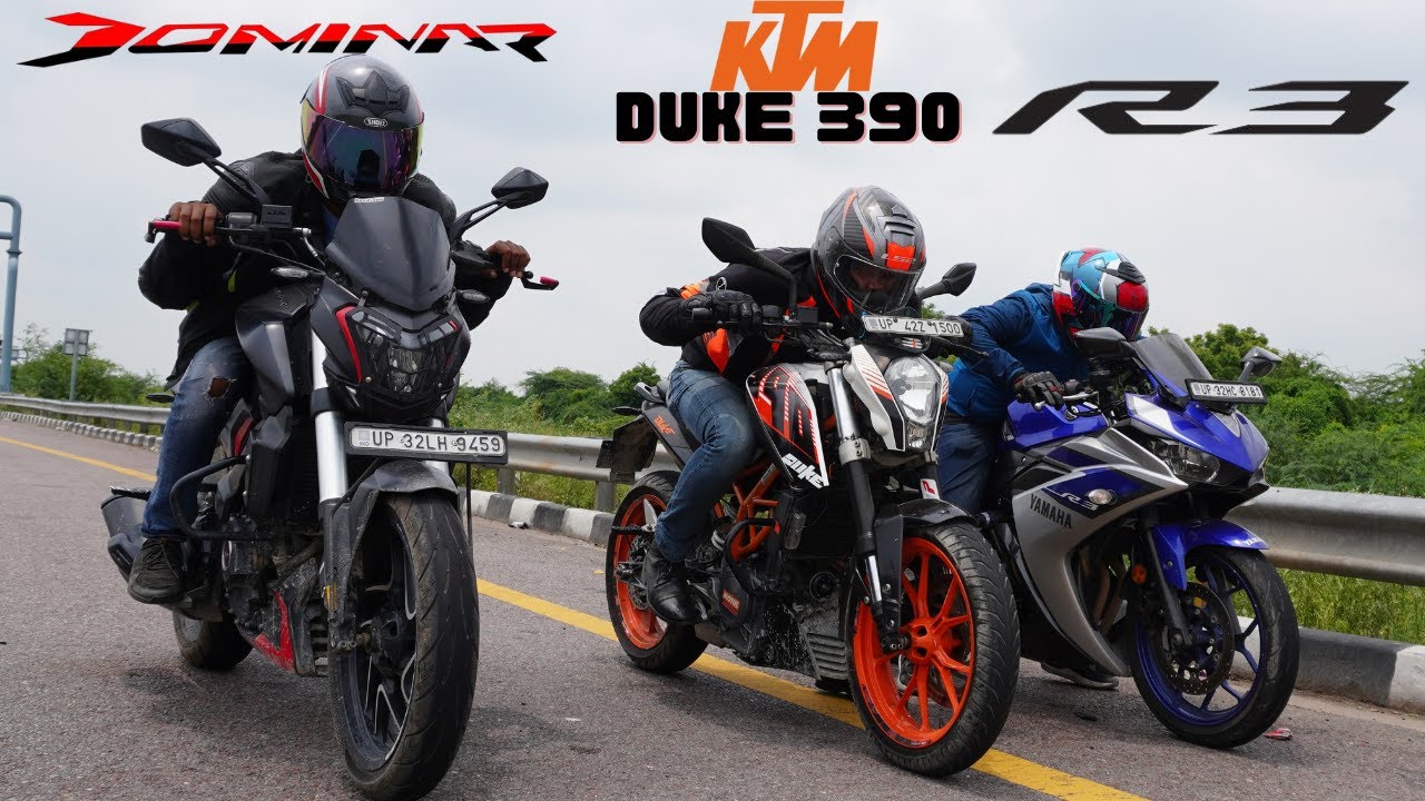 Yamaha R3 vs Duke 390 bs3 vs Dominar 400 Drag Race