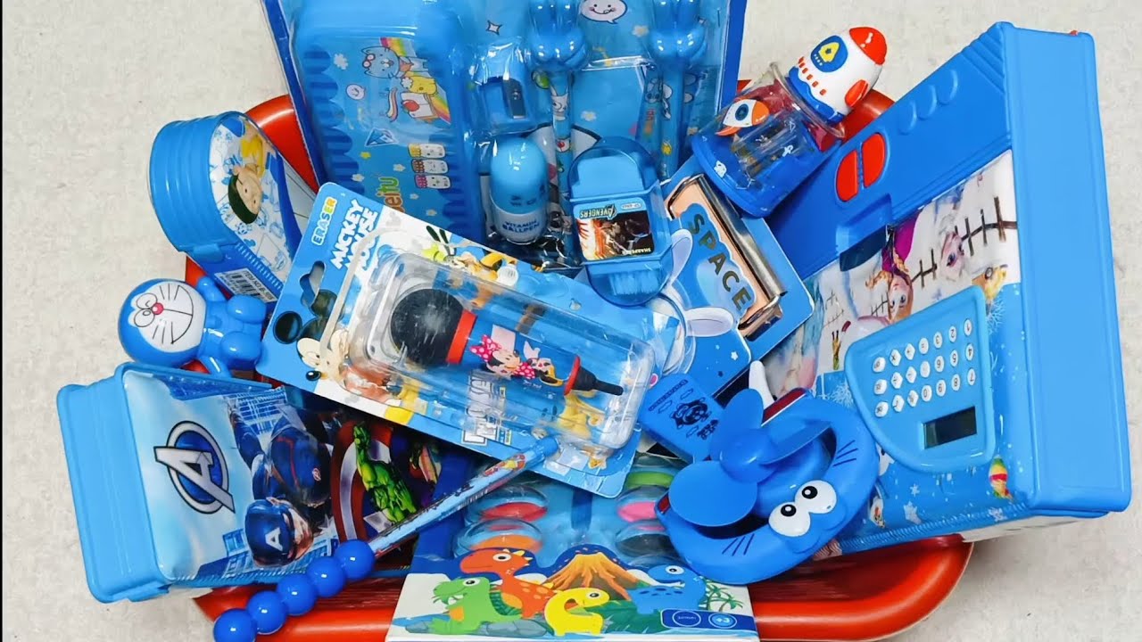Blue colour stationery collection- Disney Frozen Princess pencil box, doremon stationery, eraser