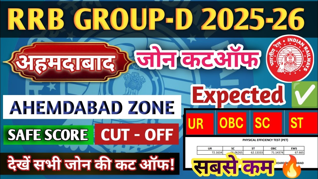 RRB Ahmedabad Group D Cut Off 2026 | RRB AHMEDABAD PET Safe Score | Group D Expected Cut Off #rrb