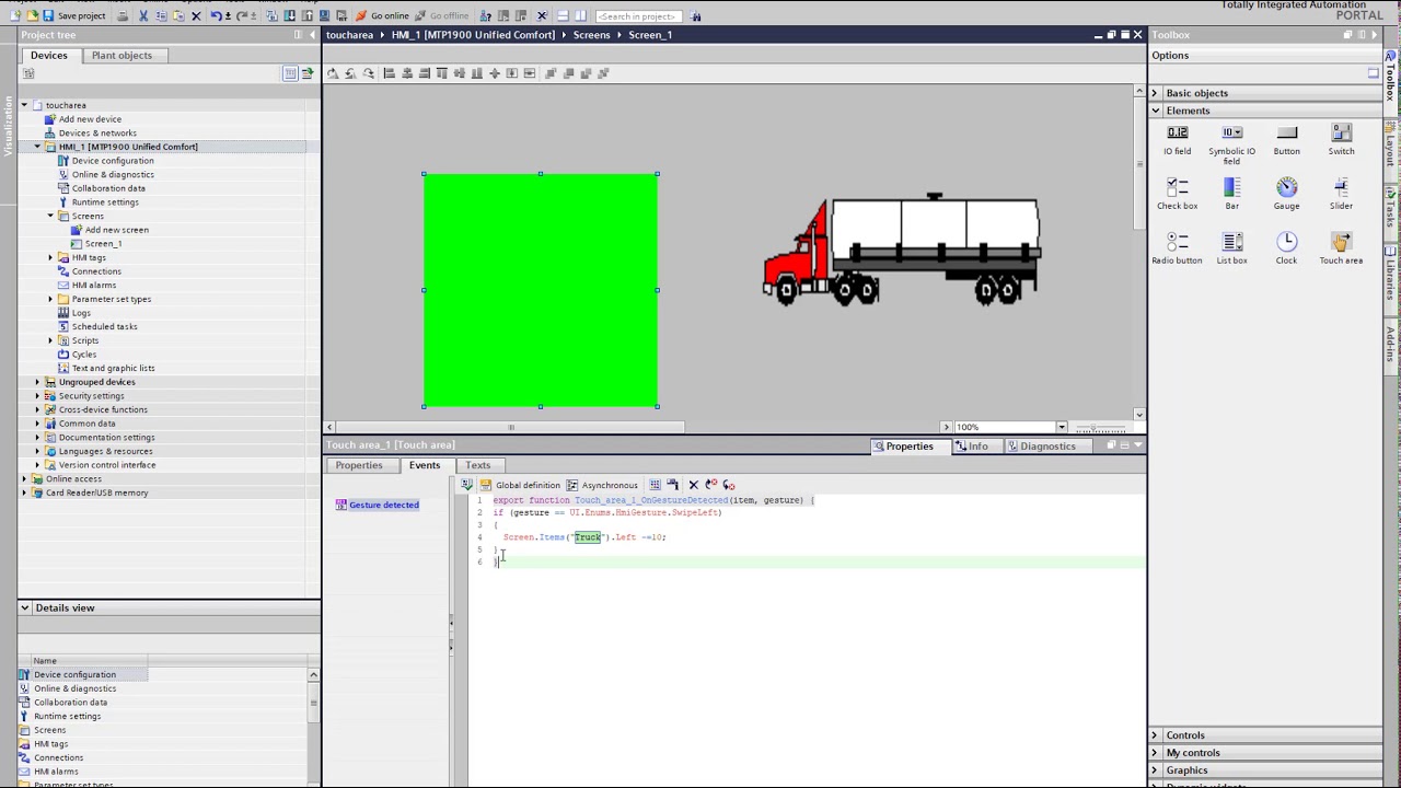 WinCC Unified V16: use the Touch area to detected gestures to move a object by swiping