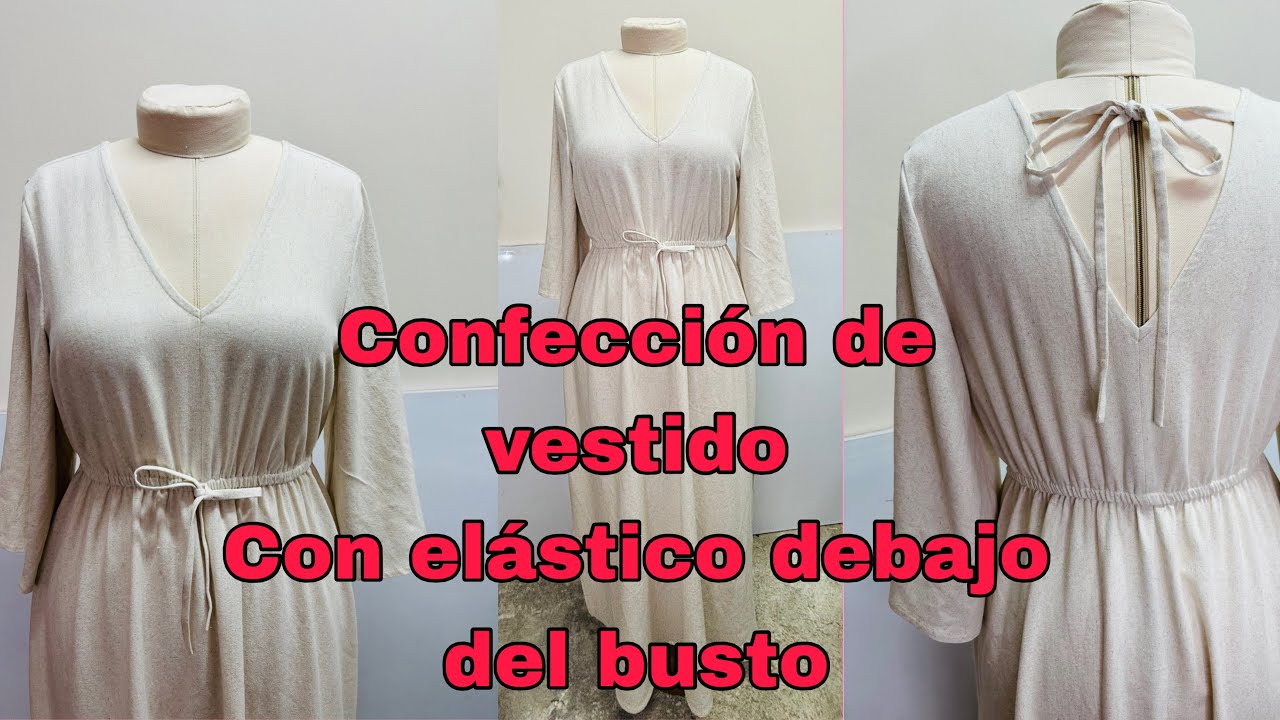 Confección de vestido con elástico debajo del busto, escote V y manga acampanada 