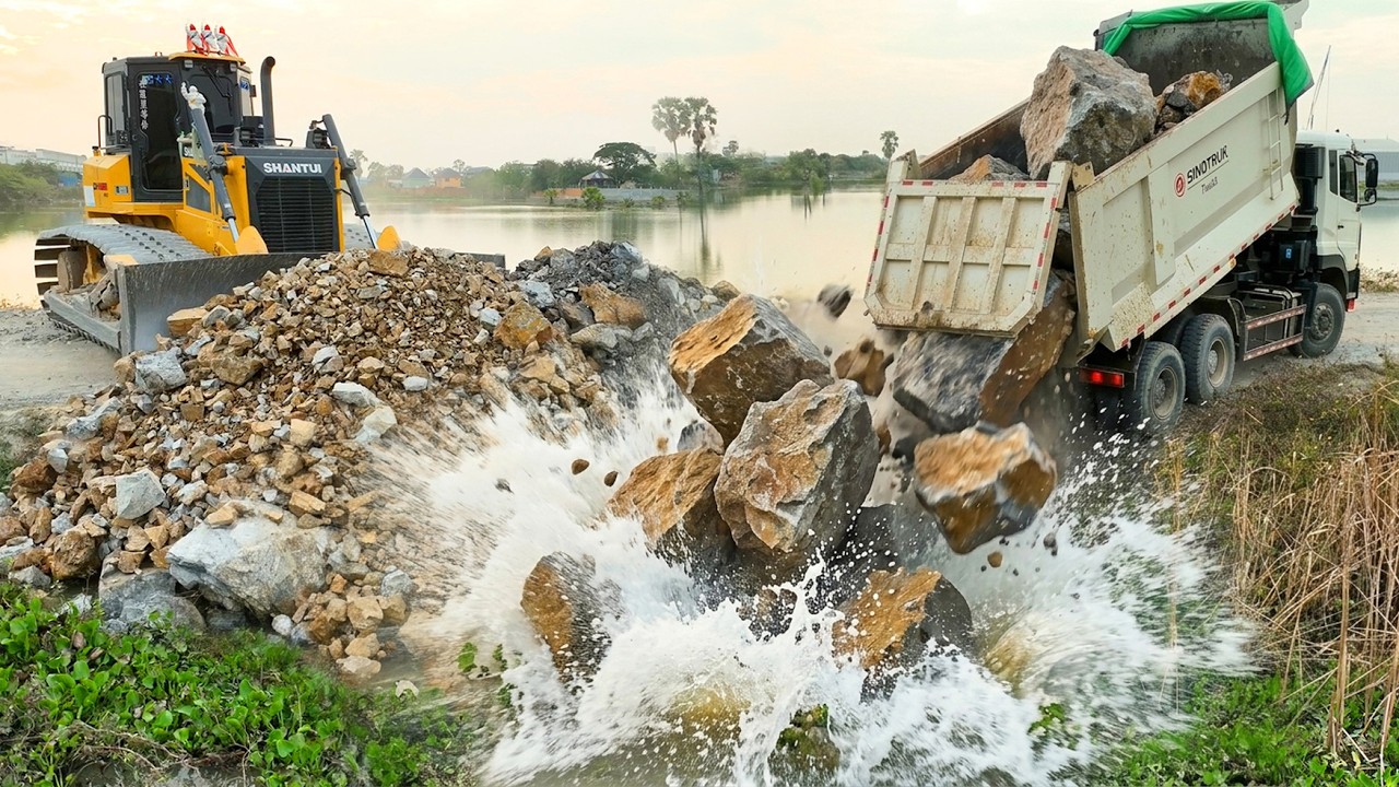 Complete100%!Interesting!!Bulldozer SHANTUI C3 Push Stone And DumpTruck Unloading Stone Filling Land