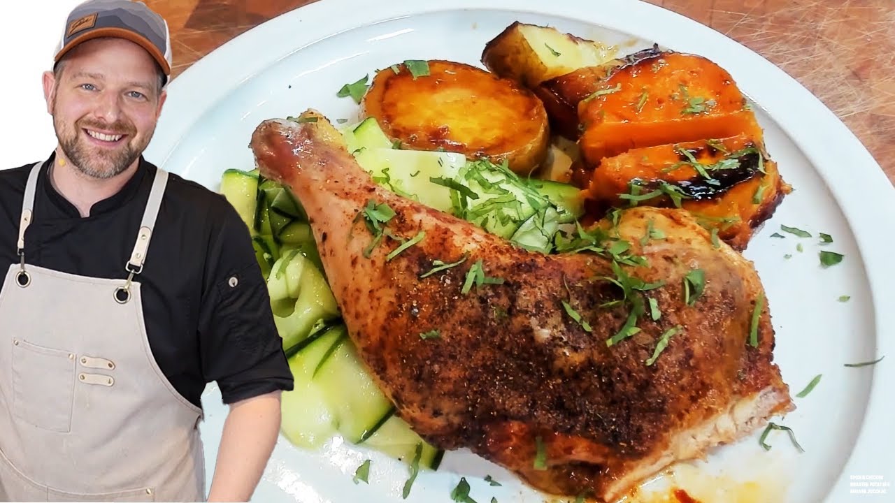 Spiced Chicken Leg Quarters with Schmaltzy Potatoes & Fresh Zucchini Salad