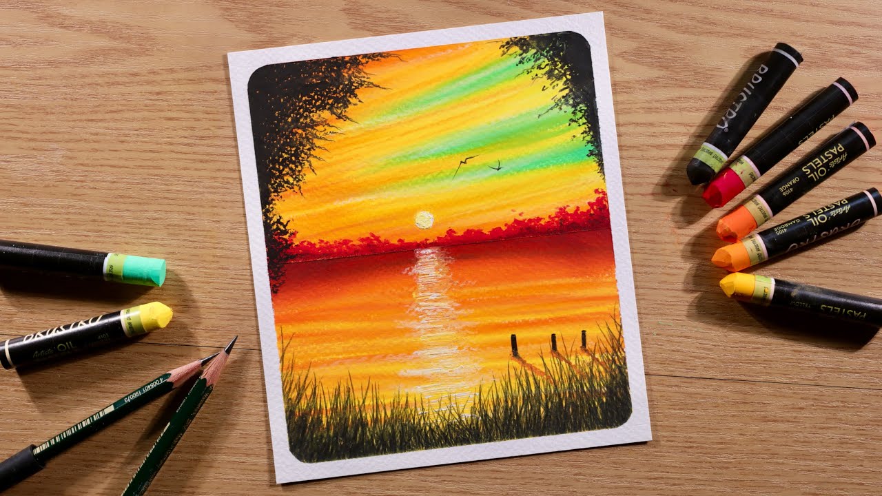 Easy and Beautiful Pond Scenery for Beginners / Drawing with Oil Pastels / Step by Step 