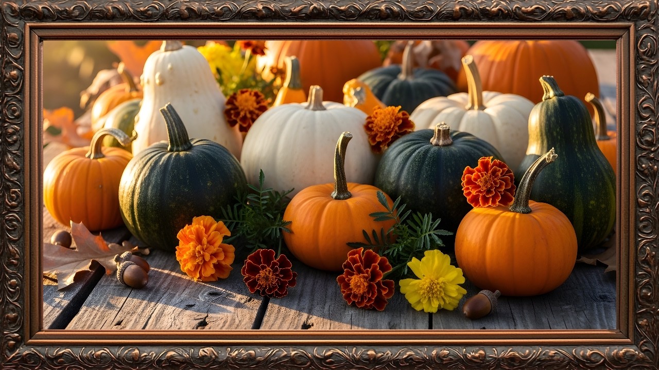 Autumn Harvest Still Life, Cozy Pumpkin Arrangement | Bronze Framed TV Art Screensaver