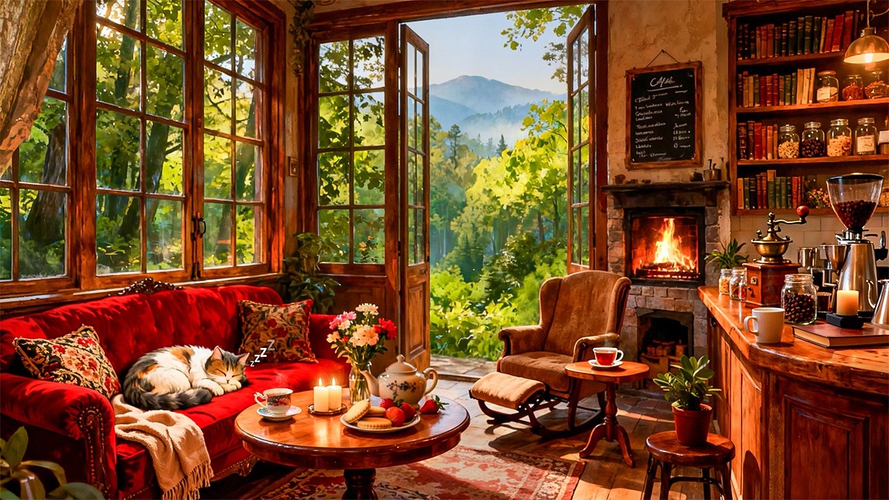 Relaxing April Morning Jazz 🍃 Cozy Forest Caf&eacute; Ambience with Fireplace & Nature Sounds