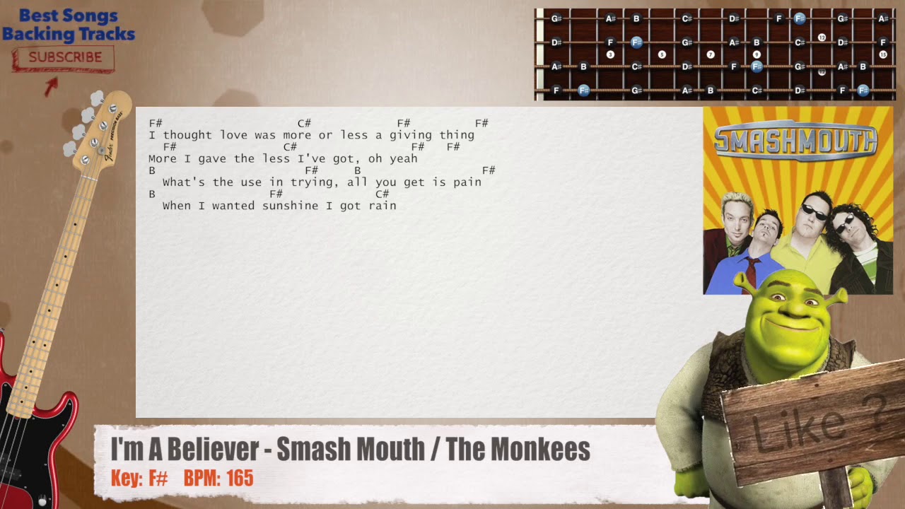 🎻 I'm A Believer - Smash Mouth / The Monkees Bass Backing Track with chords and lyrics