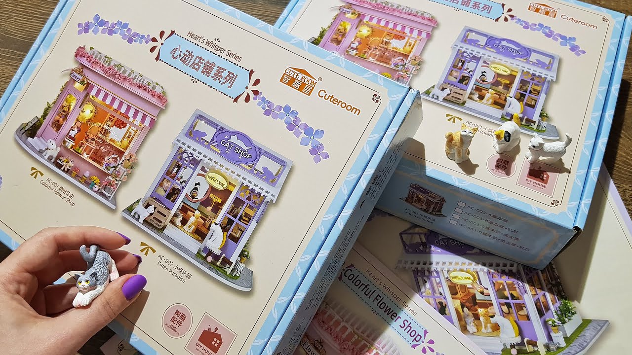 Box opening Cute room DIY miniature dollhouse kit Heart's whisper series flower shop and cat shop