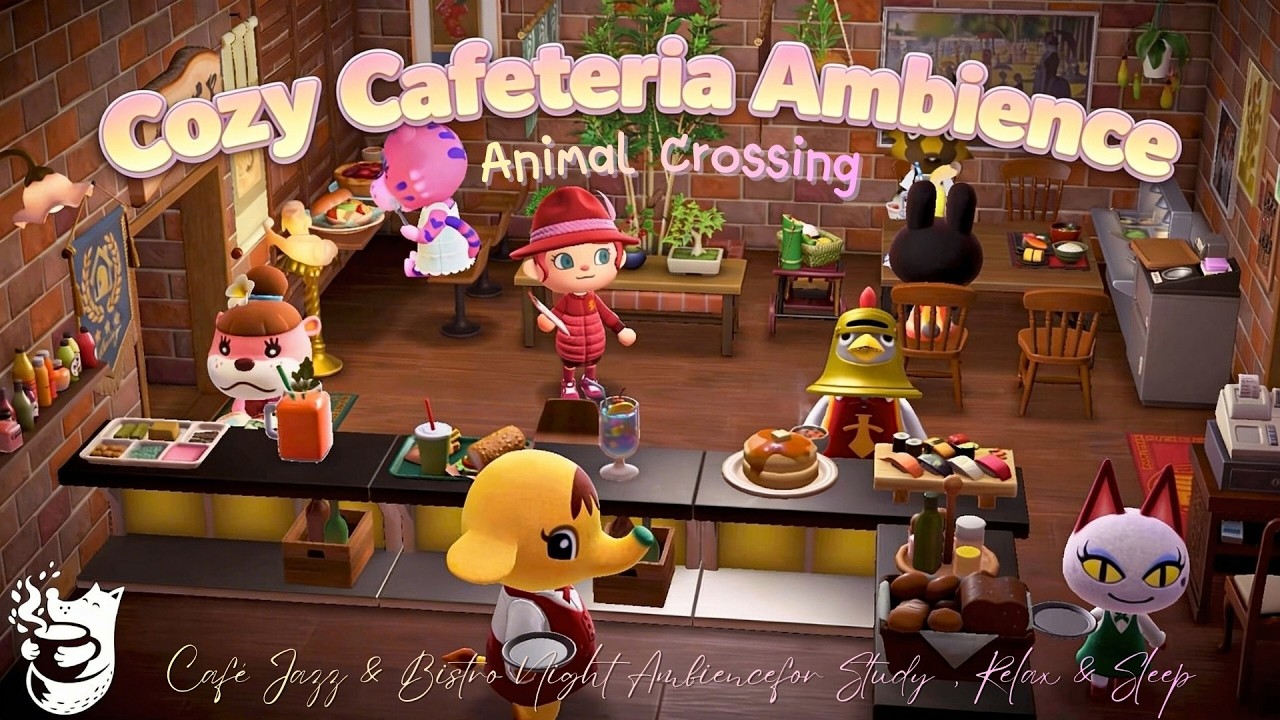 Cozy Cafeteria Ambience ☕ Animal Crossing Café Jazz & Bistro Night Ambiencefor Study, Relax & Sleep