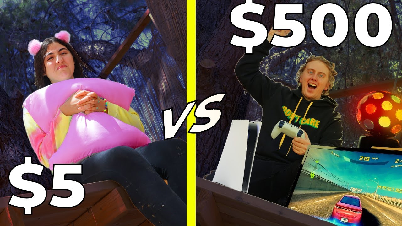 BUDGET $5 vs $500 SLUMBER PARTY IN A TREEHOUSE CHALLENGE!