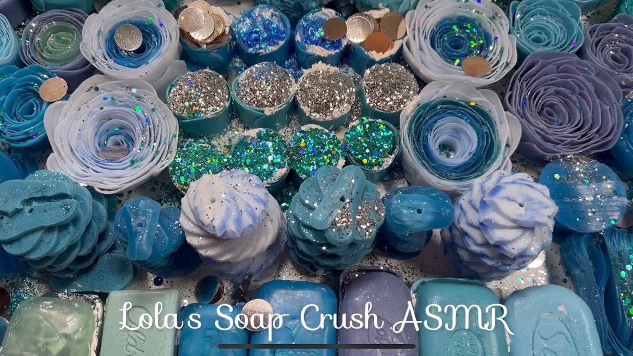ASMR soap crushing 💙🦋💙 all blue set with starch for SMILE! Not super squeaky, lots of glitter!