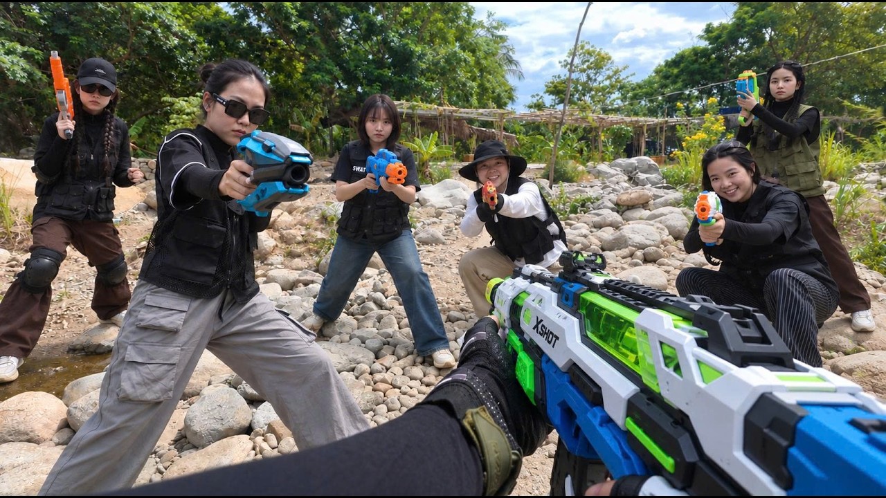 Nerf War | Riverside Garden Battle 1 &ndash; Female Soldiers (Nerf First Person Shooter)