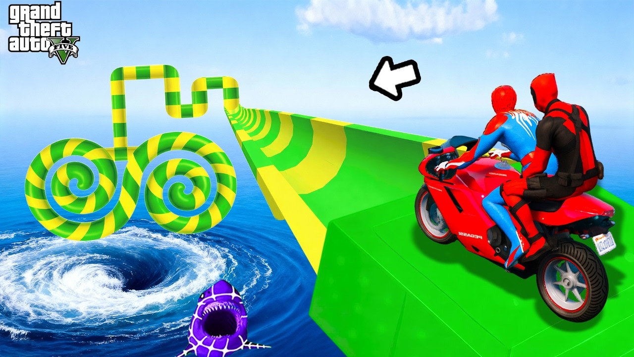 SPIDER-MAN & Superheroes Riding Motorcycles Into Wild Tonardo Slide🎭 GTA 5 Funny Game