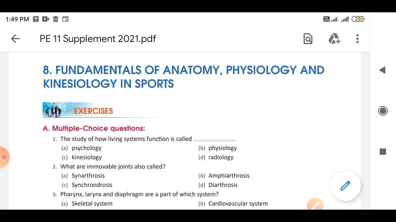 Fundamentals of Anatomy Physiology and Kinesiology in sports term 1st chapter MCQs Questions