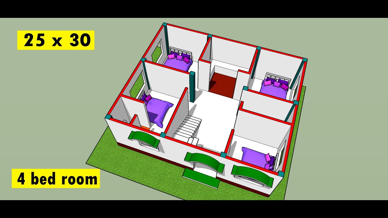 25 x 30 modern 4 bhk house plan II 750 sq ft ghar ka naksha II 4 bedrooms 3d home design