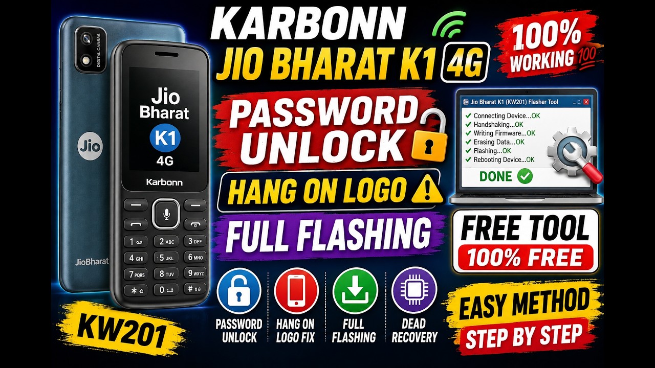 Karbonn Jio Bharat K1 4G Phone (KW201) Password Unlock/ Hang on logo ,Full flashing Free tool 💯💯
