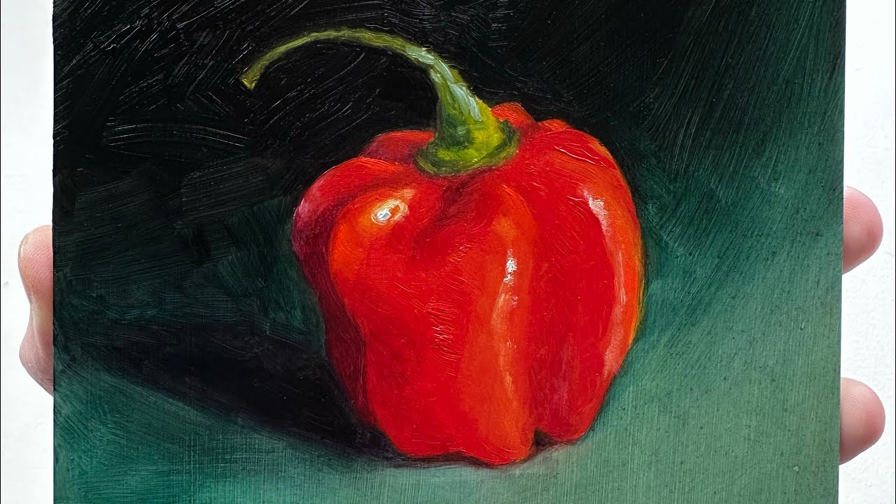 Alla prima painting of a red pepper in oils