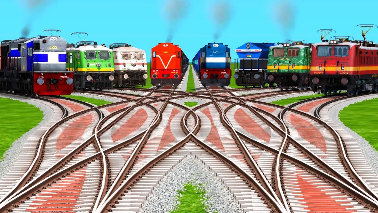 8️⃣ TRAINS CROSSING BY RISKY CURVES BRANCHED RAILROAD TRACKS | Indian Train games | train simulator