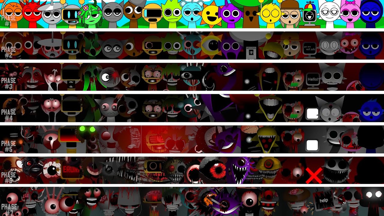 Phase 1 VS Phase 2 VS Phase 3 VS Phase 4 VS Phase 7 in Incredibox Sprunki - All character together