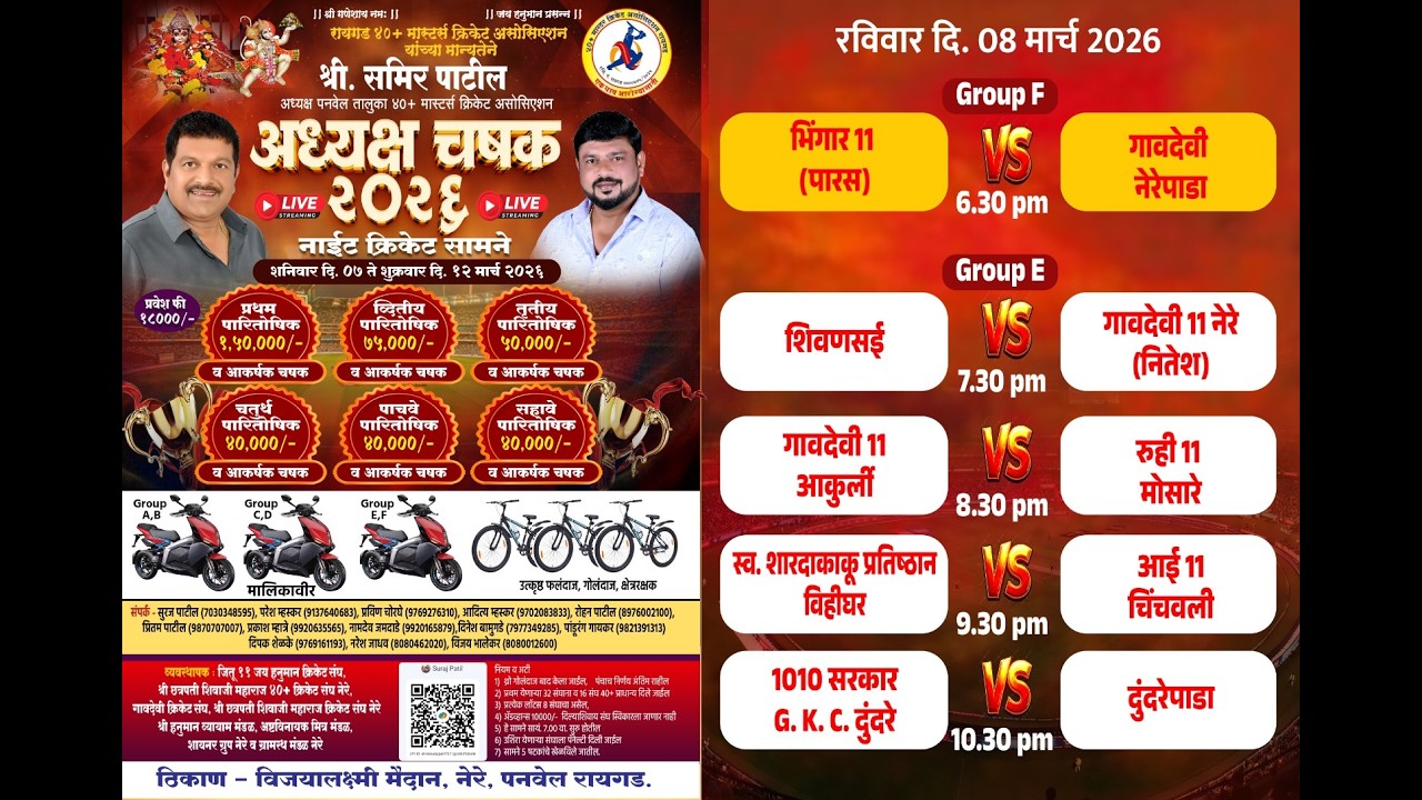 अध्यक्ष चषक  २०२६ -नेरे || दुसरी रात्र || श्री. समिर पाटील अध्यक्ष पनवेल तालुका ४०+ मास्टर्स क्रिकेट