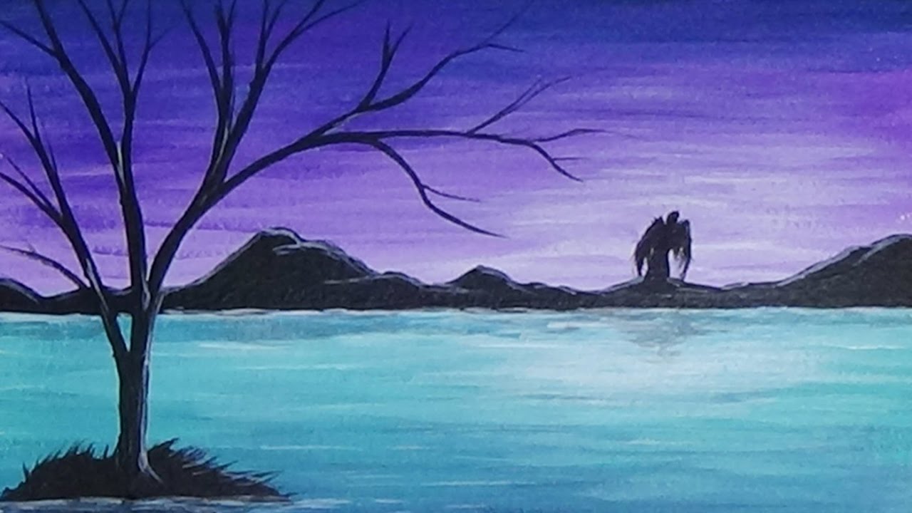 Acrylic Painting Tree and Angel Silhouette Painting Miniature 4 x 6 Time Lapse