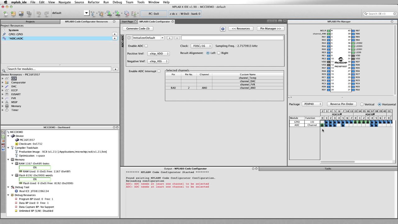 Using the MPLABX Code Configurator to setup the ADC and EUSART