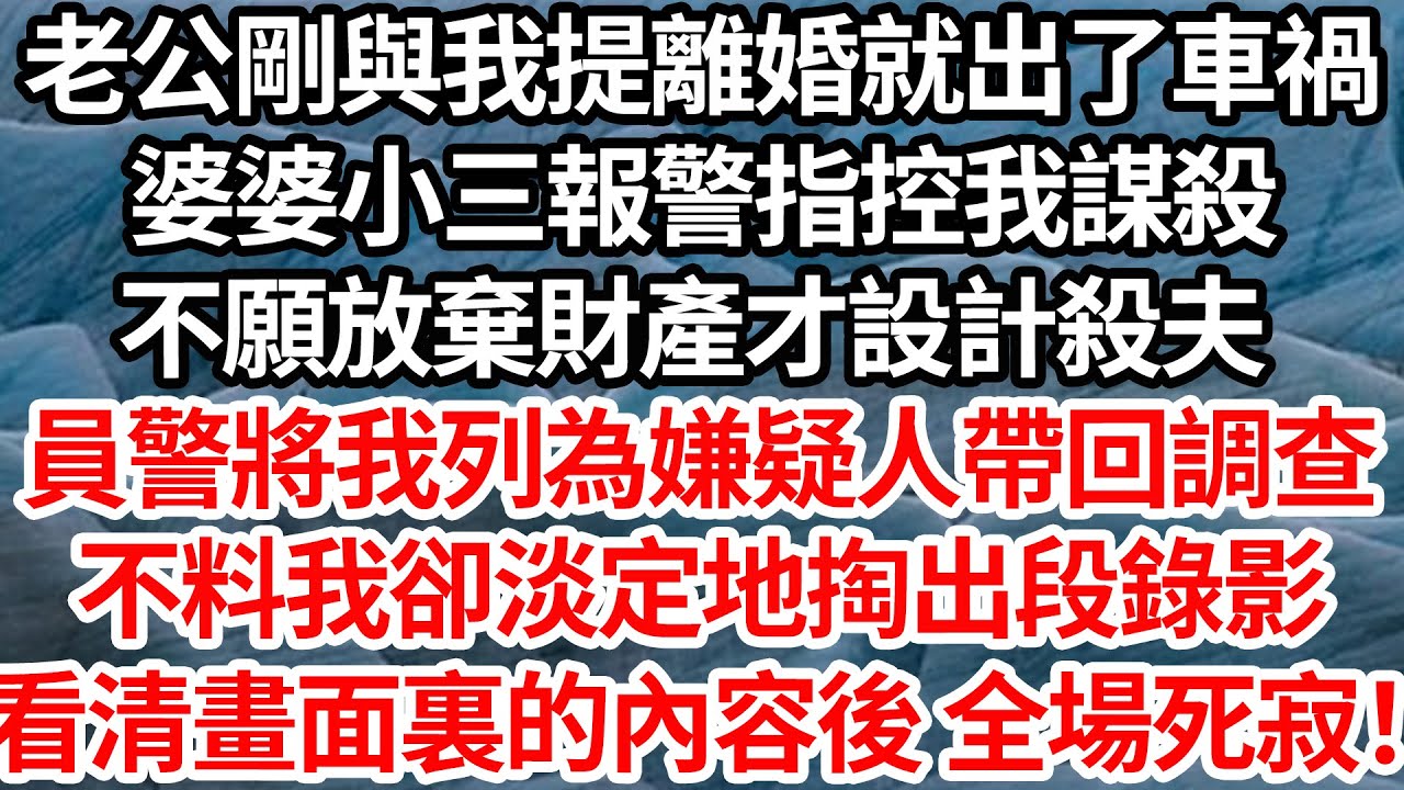 老公剛與我提離婚就出了車禍，婆婆小三報警指控我謀殺，不願放棄財產才設計殺夫。員警將我列為嫌疑人帶回調查，不料我卻淡定地掏出段錄影，看清畫面裏的內容後 全場死寂！【倫理】【都市】