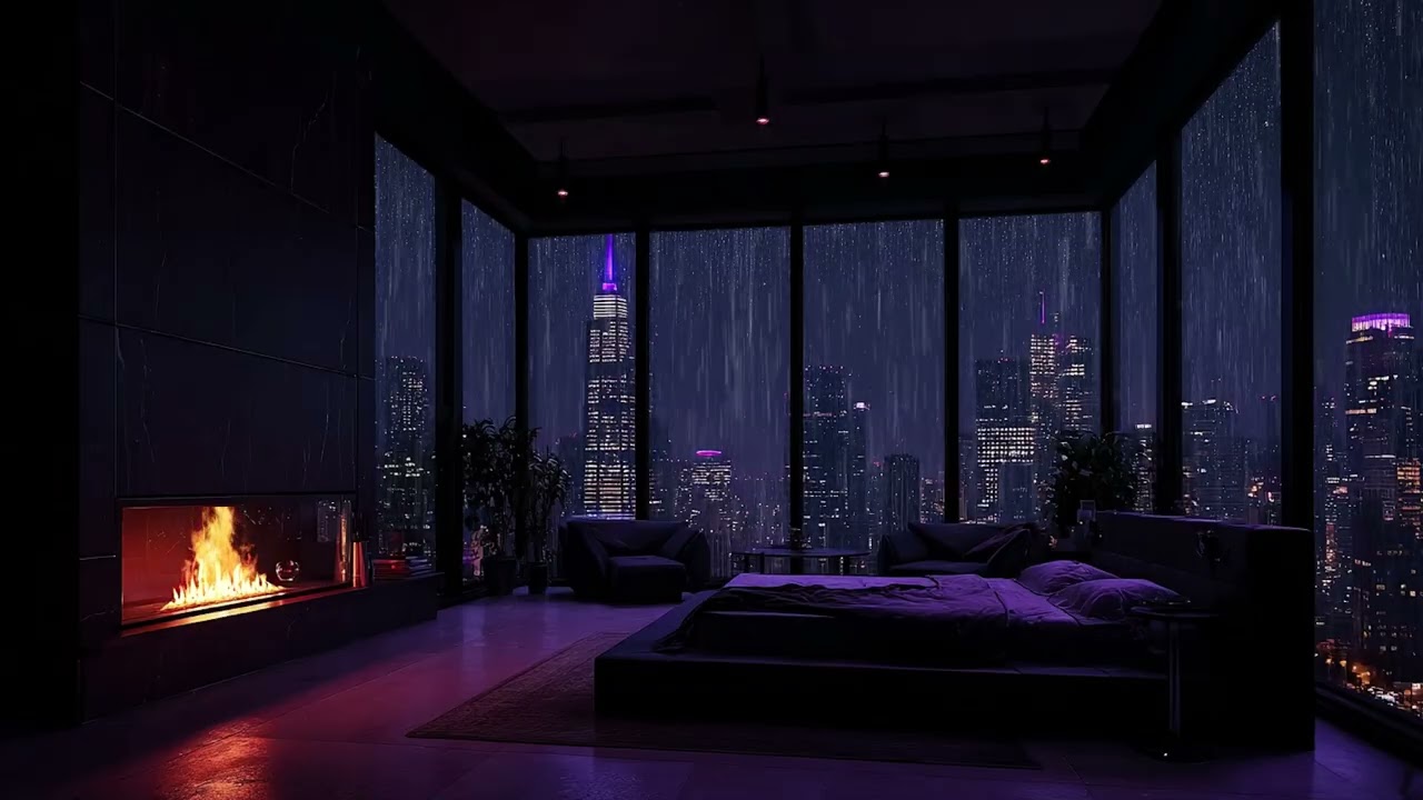 Stormy Night in a Modern Penthouse | Relaxing Piano & Fireplace Ambience for Sleep