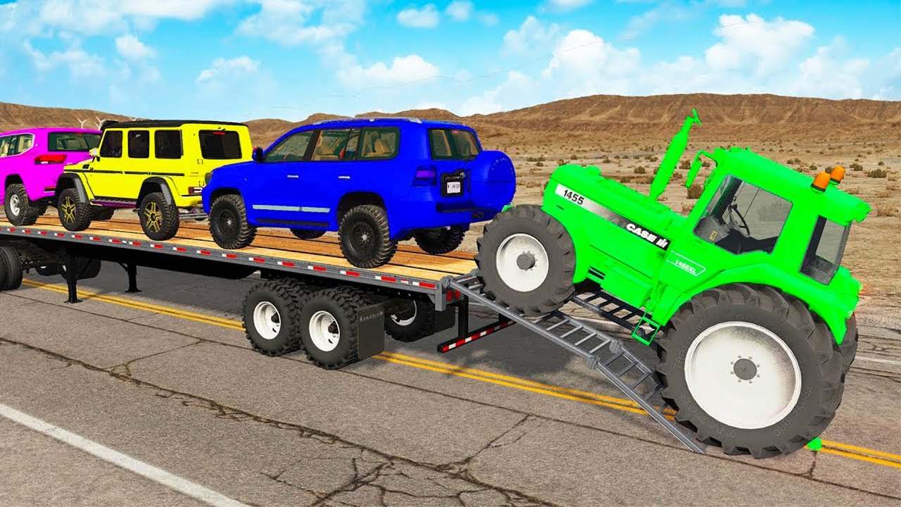 Flatbed Trailer McQueen Cars Transportation with Truck, Truck vs Train #2 - BeamNG Drive