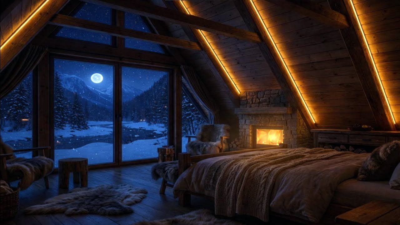 🌙 Cozy Winter Night Cabin | Fireplace Glow & Snowy Forest Ambience ❄️