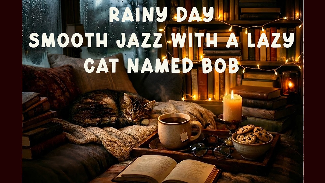 Cozy Rainy Day Relaxing Reading Nook Smooth Jazz Music with a Lazy Cat Named Bob. Study, Read, Relax