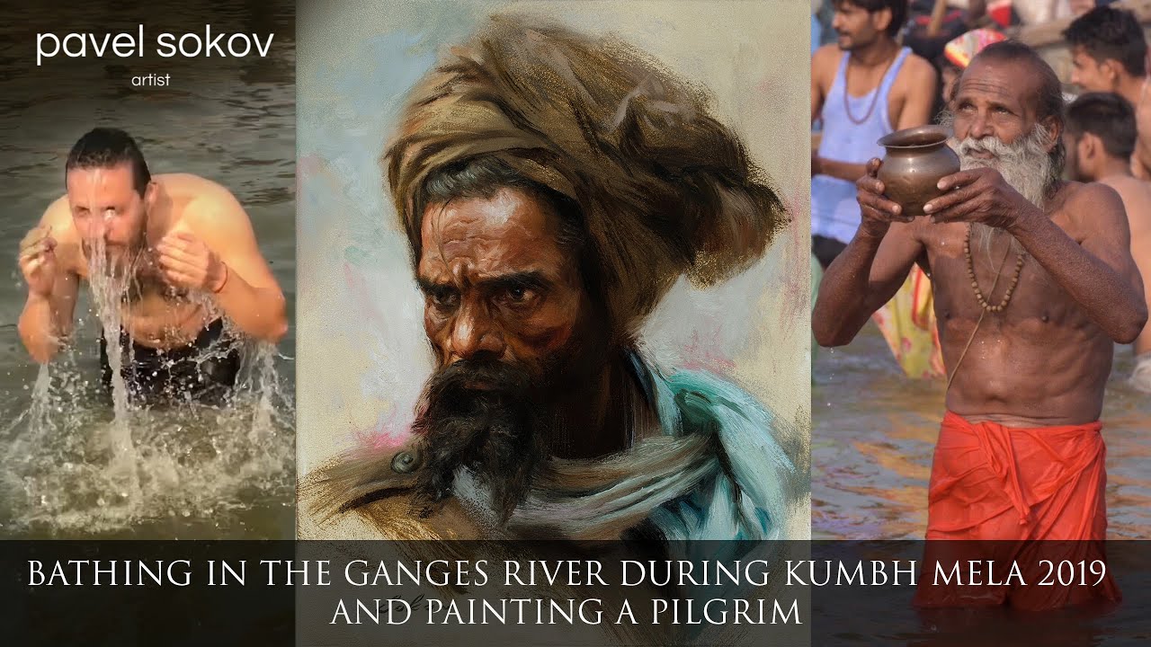 Bathing in the Ganges River and painting a Hindu Pilgrim of Kumbh Mela 2019