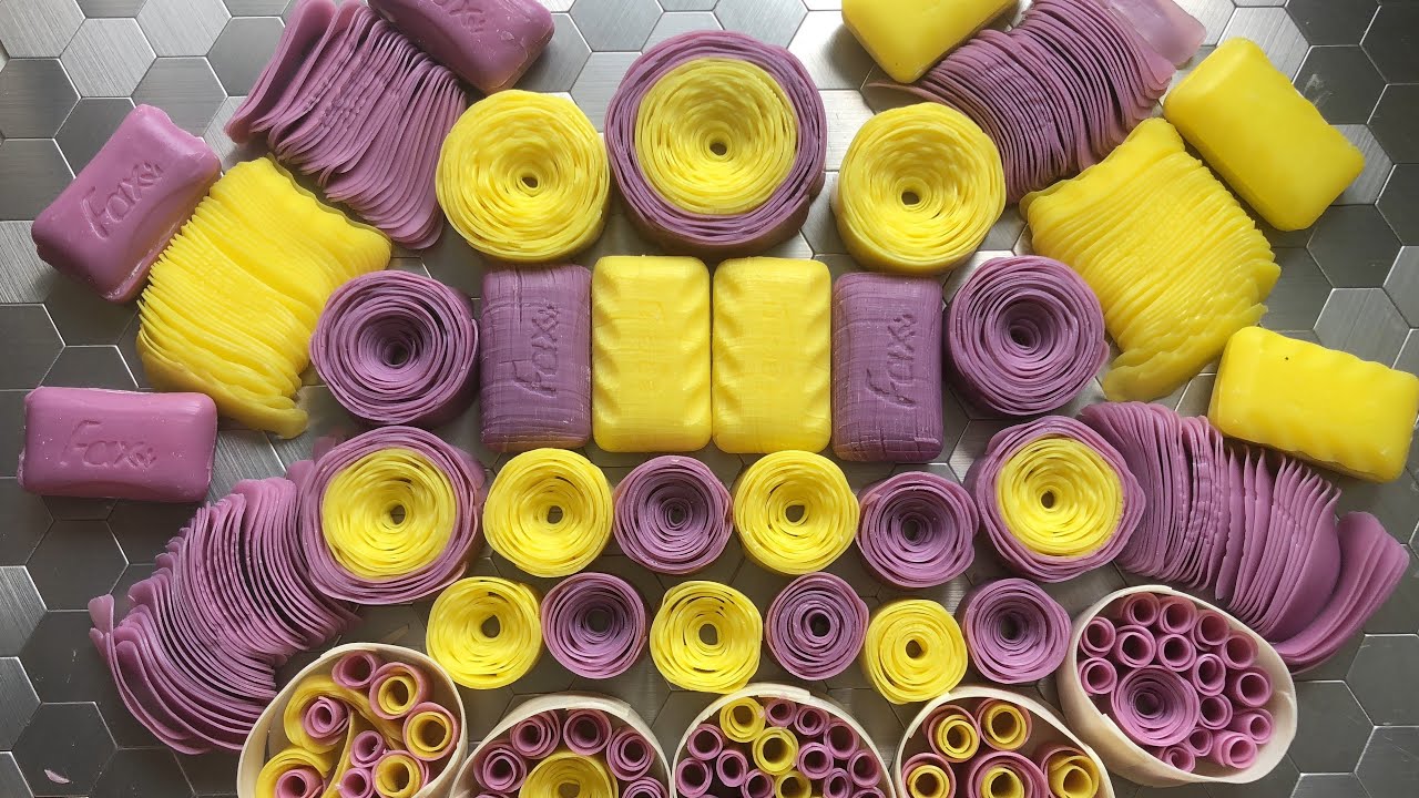 ASMR feolet yellow set, cutting cubes, breaking soap, breaking soap boxes with starch