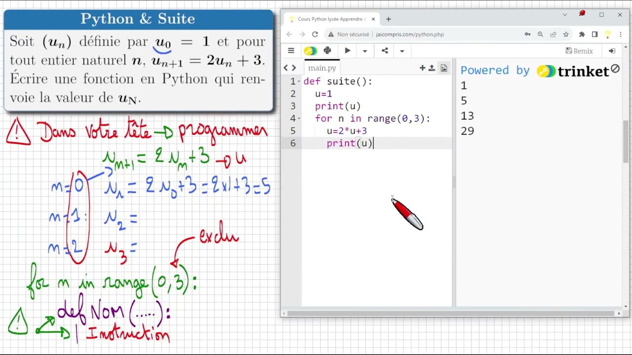 Python & suite récurrente ♦ fonction qui affiche le n-ième terme ♦ boucle ♦ for in range ♦ 1ere spé♕