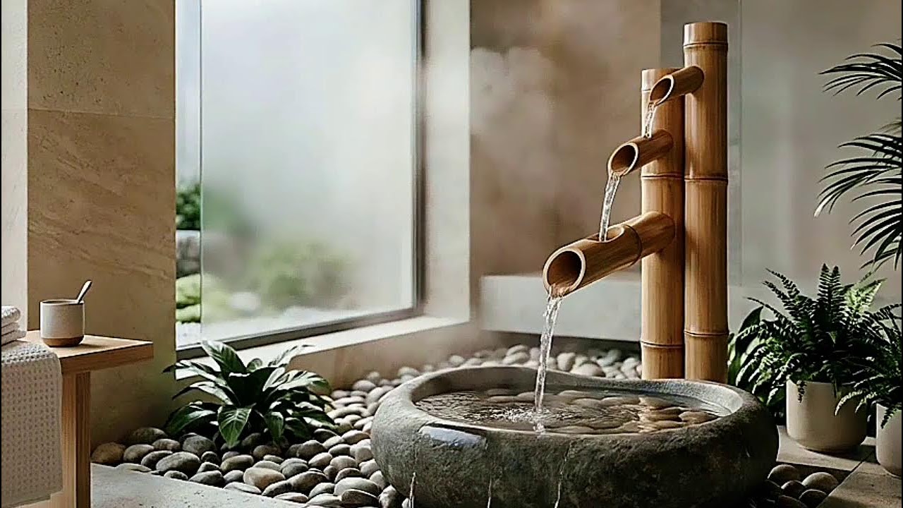 Serene Zen Bathroom Retreat with Natural Stone and Bamboo Water Feature