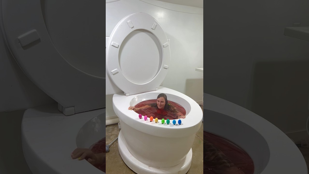 Colorful Surprise Eggs Party Game Challenge in Worlds Largest Toilet Red Pool $100 Prize #shorts