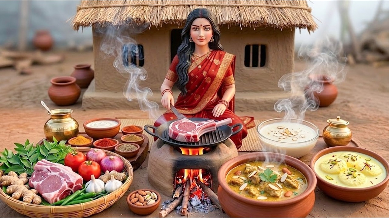 Mini Royal Lamb Korma ASMR | Indian Village Traditional Doll Cooking (Badam Soup & Rasmalai)
