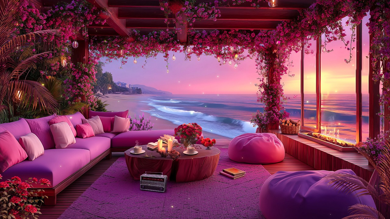 Relaxing Jazz in a Romantic Seaside Living Room with Fireplace and Sunset Ocean View 🌅