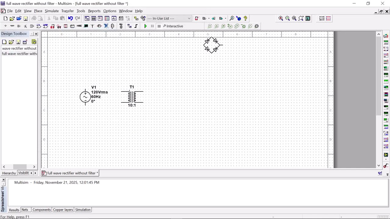 Bridge Rectifier Without Filter using Multisim