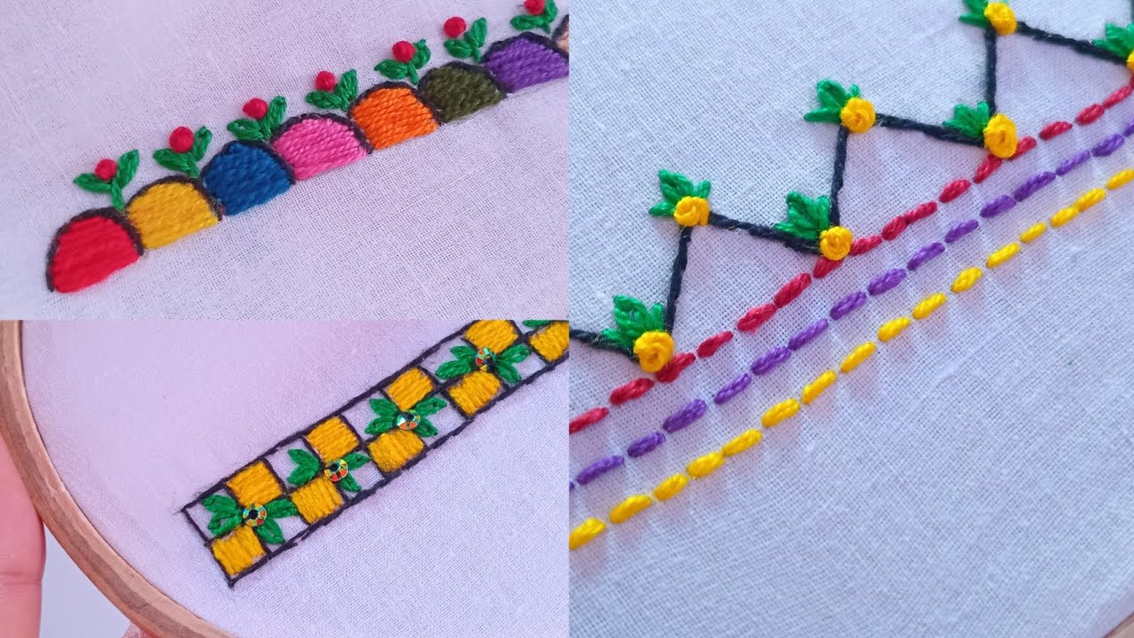3 Gorgeous Simple BorderLine Stitch for Beginners|Hand Embroidery Tricking Design| border embroidery