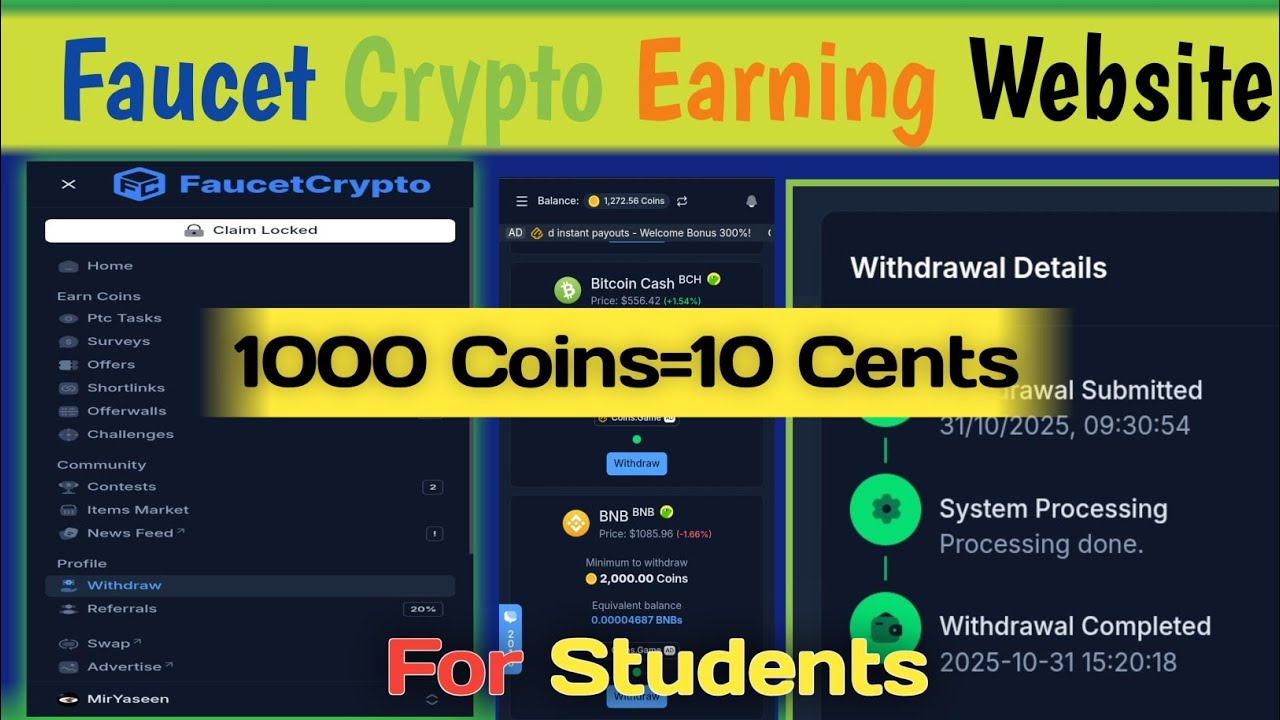 Faucet Crypto Earning Website Withdrawal || Earn Crypto & Direct Withdrawal ||1000 Coins=10 Cents 🔥