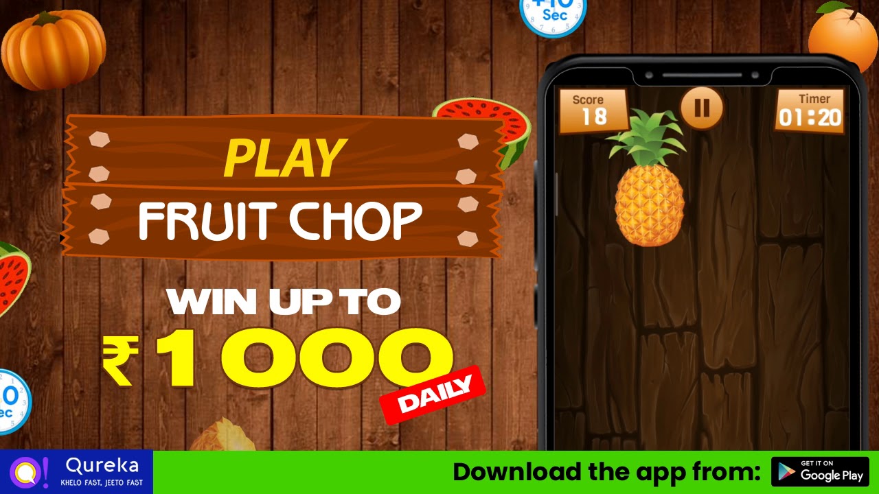 Play fruit chop & Win Up to Rs. 1,000 daily. #Qureka #onlinegame #fruitchop