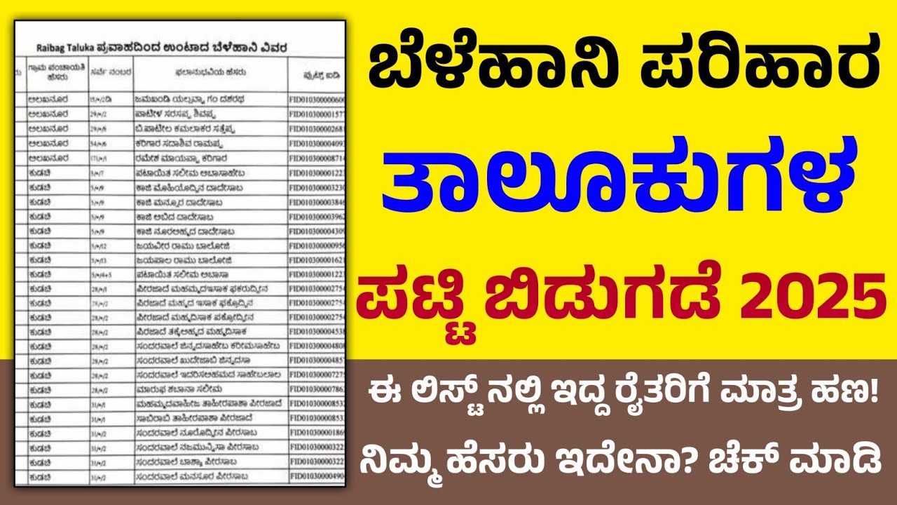 ಬೆಳೆಹಾನಿ ಪರಿಹಾರ ತಾಲೂಕುಗಳ ಪಟ್ಟಿ ಬಿಡುಗಡೆ 2025 | ನಿಮ್ಮ ಹೆಸರು ಈ ಲಿಸ್ಟ್ ನಲ್ಲಿ ಇದೇನಾ? ಚೆಕ್ ಮಾಡಿ | parihara