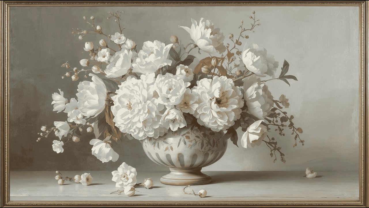 ArtElegant White Peony Still Life Painting (4 Hour)| Classic Floral Oil Painting TV Art
