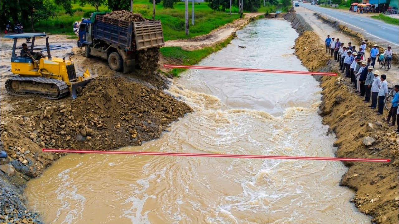 Hold Back Water! 5ton Trucks Unload Rock into Canal and Makes A Dam Operate With KOMATSU Bulldozer