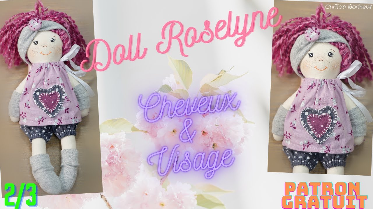 couture poupée chiffon débutant Doll Roselyne Fr..ousse cheveux & visage, boneca de pano, rag doll,