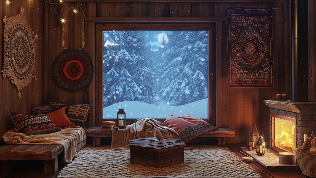 Snowy Mountain Village Outside Cozy Cabin ❄️ Warm Fireplace Ambience for Deep Sleep at Night