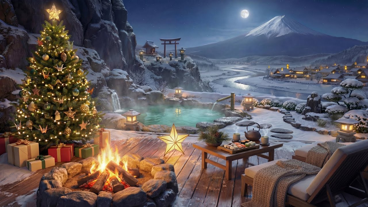 Christmas Fireplace 4K | Relaxing Piano + Crackling Fire + Hot Spring | Japanese Onsen | 3 Hours