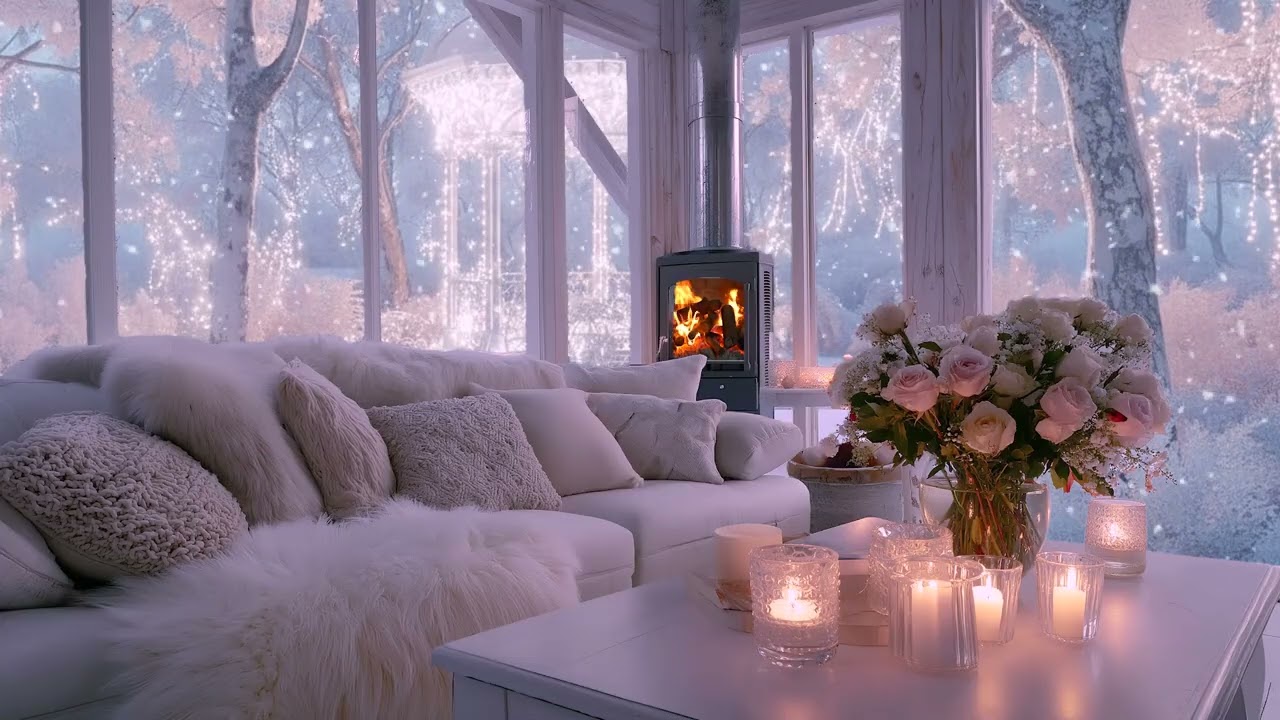Intimate Cozy Fireplace Ambience with Snow Outside for Calm Romantic Nights
